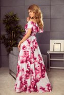 194-2 Długa suknia z hiszpańskim dekoltem - duże różowe kwiaty - M
