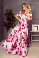 194-2 Długa suknia z hiszpańskim dekoltem - duże różowe kwiaty - XS