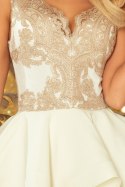 200-1 CHARLOTTE - ekskluzywna sukienka z koronkowym dekoltem - ZŁOTY/BEŻOWY + ECRU - S