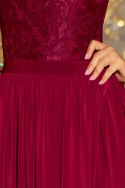 211-2 LEA długa suknia bez rękawków z koronkowym dekoltem - BORDOWA - L