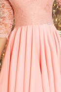 210-7 NICOLLE - sukienka z dłuższym tyłem z koronkowym dekoltem - PASTELOWY RÓŻ - XL