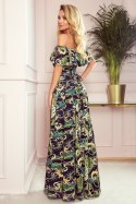194-4 Długa suknia z hiszpańskim dekoltem - zielone liście i złote łańcuszki - XL