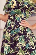 194-4 Długa suknia z hiszpańskim dekoltem - zielone liście i złote łańcuszki - XL