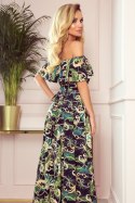 194-4 Długa suknia z hiszpańskim dekoltem - zielone liście i złote łańcuszki - M