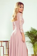 309-4 AMBER elegancka koronkowa długa suknia z dekoltem - PUDROWY RÓŻ - XL