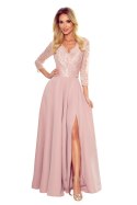 309-4 AMBER elegancka koronkowa długa suknia z dekoltem - PUDROWY RÓŻ - XL