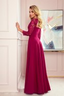 309-1 AMBER elegancka koronkowa długa suknia z dekoltem - BORDOWA - XL