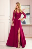 309-1 AMBER elegancka koronkowa długa suknia z dekoltem - BORDOWA - XXL