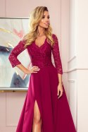 309-1 AMBER elegancka koronkowa długa suknia z dekoltem - BORDOWA - XXL