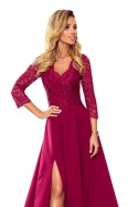 309-1 AMBER elegancka koronkowa długa suknia z dekoltem - BORDOWA - M