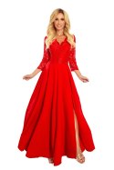 309-3 AMBER elegancka koronkowa długa suknia z dekoltem - CZERWONA - L