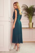 315-1 EMILY Plisowana sukienka z falbankami i dekoltem - BUTELKOWA ZIELEŃ - XL