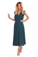 315-1 EMILY Plisowana sukienka z falbankami i dekoltem - BUTELKOWA ZIELEŃ - XL