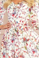 305-1 ZOE zwiewna szyfonowa sukienka z dekoltem - KOLOROWE KWIATY na jasnym tle - XXL