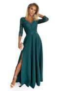 309-5 AMBER elegancka koronkowa długa suknia z dekoltem - ZIELEŃ BUTELKOWA - L