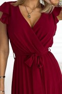 374-2 POLINA Plisowana sukienka z dekoltem i falbankami - BORDOWA - XL