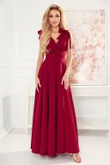 405-1 ELENA Długa suknia z dekoltem i wiązaniami na ramionach - BORDOWA - L