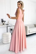 405-3 ELENA Długa suknia z dekoltem i wiązaniami na ramionach - BRUDNY RÓŻ - XL