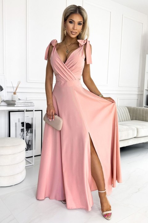 405-3 ELENA Długa suknia z dekoltem i wiązaniami na ramionach - BRUDNY RÓŻ - M